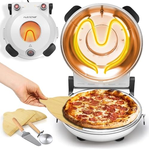 Image of NutriChef Electric Indoor Pizza Oven, 30cm Countertop Cooker with Temp Control, Viewing Window, Non-Stick Stone, Heats to 425°C, Easy Clean Pizza's Maker Machine for Home, White