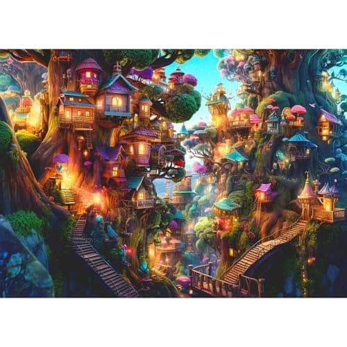 Image of HUADADA jigsaw puzzles for adults 1000 piece Jigsaw Puzzles for Adults Creative Puzzles for Adults Kids Family Educational Games Home Decoration Gift - Forest Tree House (27.56" x 19.67")