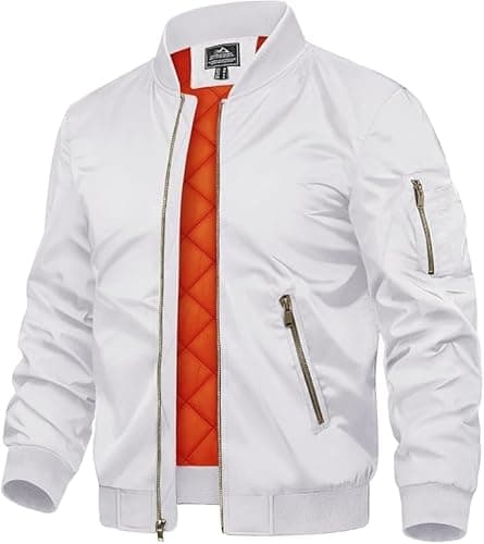 Image of TACVASEN Men's Varsity Jacket Casual Windproof Bomber Jackets Full Zip Windbreaker Jackets Warm Winter Padded Coats Varsity Jackets White