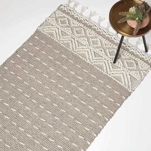 Image of HOMESCAPES Beige & Natural Handwoven Kilim Rug 90 x 150 cm Wool & Cotton Living Room Area Rug ‘Patna’ with Traditional Textured Geometric Pattern & Tassels