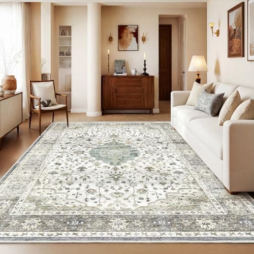 Image of HOMFINE Vintage Washable Rugs for Living Room - 120x170cm Beige Green Area Rug for Bedroom Living Room Traditional Printed Design, Low Pile, Non-Slip, Non-Shedding
