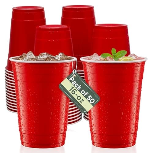 Image of Zuvo Red Party Cups – 16oz Plastic Disposable Cups (Pack of 50) - Durable Red Plastic Cups for Birthdays, Events - Recyclable, Easy to Use, Iconic Party Drinkware
