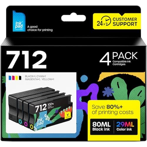 Image of iNKPAD 712XL Ink Cartridge with Chip Compatible with HP 712 712XL Ink Cartridges High Yield for HP DesignJet T650 T630 T250 T230 T210 Studio Plotter Printer (4-Pack, Black Cyan Magenta Yellow)