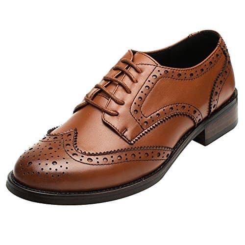 Image of rismart Women's Brogue Pointed Toe Wingtips Leather Oxfords Lace-Up Flats 02372(Brown,UK5)