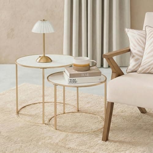 Image of OHS Marble Nest of Tables Set of 2, Stacking Side Tables Living Room Stylish Decorative Coffee Table Sturdy Metal Frame Easy Assembly Round End Table, White/Gold