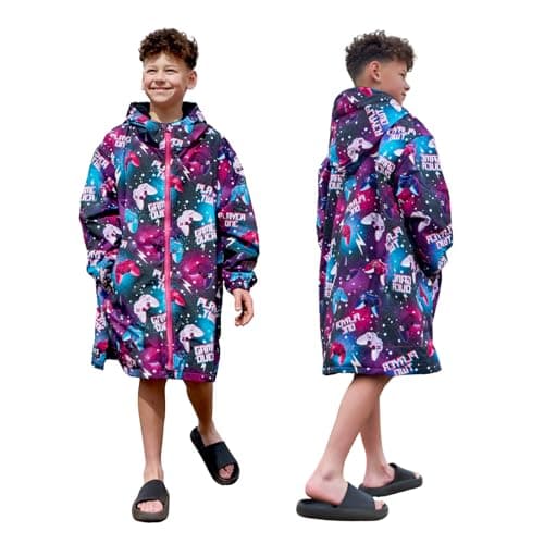 Image of OHS Kids Dry Robe, Oversized Kids Waterproof Jacket Fleece Lining Boys Girls Coat Changing Robe with Hood & Pockets Lightweight Wind Resistant Breathable Rain Coat for Outdoor, Purple Gaming - L/XL