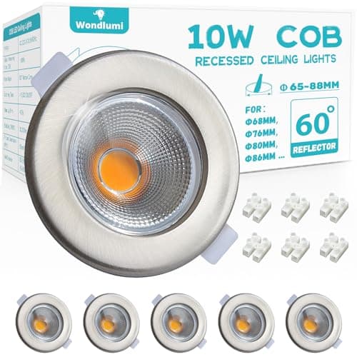 Image of Wondlumi 6X LED Recessed Ceiling Lights, 10W 850lm Warm White 3000K Spotlights Ultra Slim LED Downlights for Ceiling, Brushed Chrome Spot Lights for Bedroom, Living Room, Kitchen