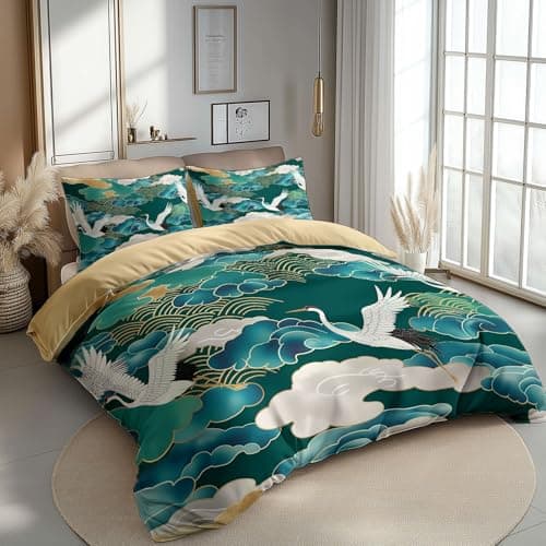 Image of Beige Yellow Duvet Cover Japanese white cranes and clouds Soft Microfiber Duvet Cover Set, Reversible Lightweight Bedding Sets 3pcs with Zipper Closure Super Soft Luxury Bedding (King 220x240 cm)
