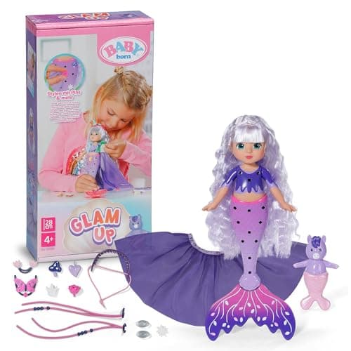 Image of BABY born Glam Up Aura, mermaid with long purple hair with UV color effect, for styling with fabric accessories and pins incl. animal friend