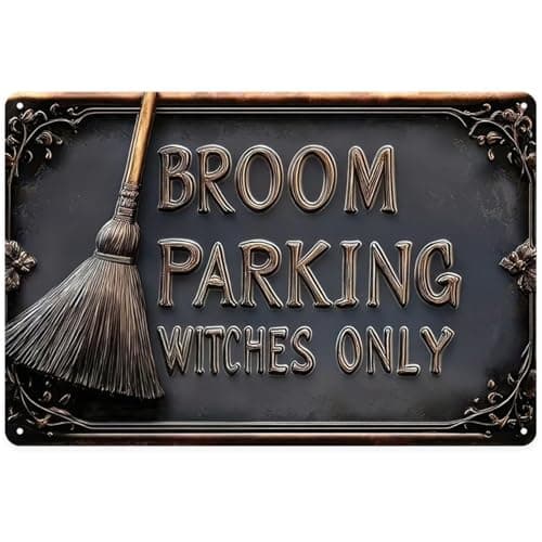 Image of Broom Parking Sign 12x8 Inch Hanging Vintage Iron Halloween Signs Witch Decor for Home Bar Cafe.