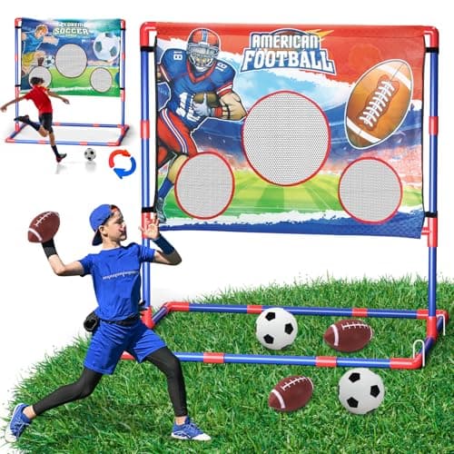 Image of 2-in-1 Football & Soccer Toss Target Game for Kids 8-12, 3-Hole Double-Sided Goal with 2 Inflatable Footballs & 2 Soccer Balls, Outdoor & Indoor Backyard Sports Gift for Kids Boys Girls Teens 6-8 ASIN