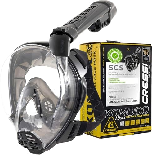 Image of Cressi Komodo Full Face Dry Snorkelling Mask - 180° Panoramic View Snorkelling Mask - Dry Side Snorkel & Adult Snorkel Set - CO2 Safe Silicone Skirt & Scuba Equipment - Black/Black - M/L
