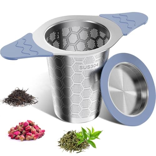 Image of Tea Strainer for Loose Tea, 304 Stainless Steel Tea Infuser Basket with Dual Silicone Handles & Lid, Tea Filter Fine Mesh, Tea Strainers for Loose Tea, Tea Diffusers