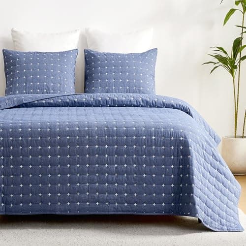 Image of Qucover Denim Blue Quilted Bedspreads Super Soft and Comfortable Washed Cotton Bedspreads King Size with Morden Cross-Stich Pattern, 3 Pieces Quilted Summer Duvet with Pillowcases, 228x243cm