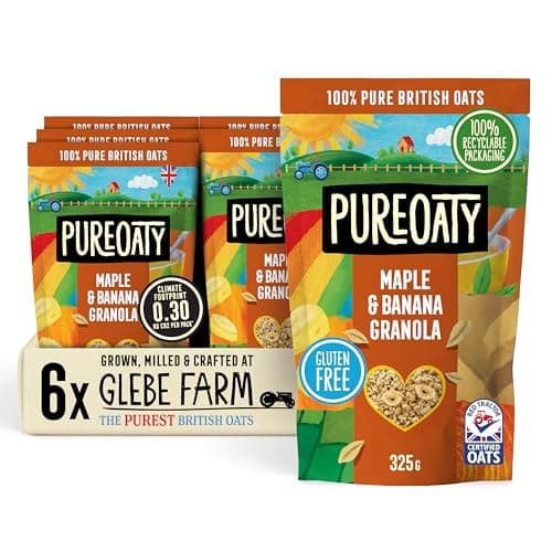 Image of Glebe Farm Gluten Free PureOaty Maple & Banana Oat Granola 6PK, Healthy Wholegrain Oats To Help Lower Cholesterol, 100% British Oats, Vegan & High In Fibre, Delicious Granola Cereal, 6x 325g