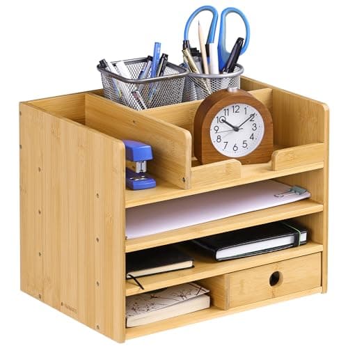 Image of Navaris Bamboo Desk Organiser - Wooden Desktop Storage Drawers and Compartments for Organising Stationery, Documents, Files, Office Accessories