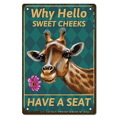 Image of CREATCABIN Giraffe Metal Tin Sign Why Hello Sweet Cheeks Sign Vintage Funny Animals Metal Poster Wall Art Garden House Plaque for Bathroom Kitchen Cafe Wall Halloween Christmas Decor, 8 x 12 Inch