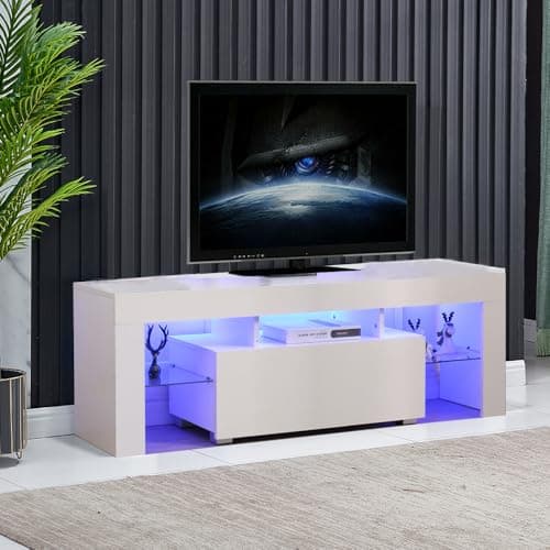 Image of Rainbow Tree 130cm High Gloss TV Stand Cabinet With LED Lights Up to 65in TV, Modern TV Unit with Shelves and Drawers Large Storage TV Cabinet for Living Room Bedroom White