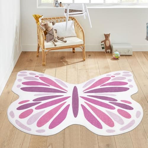 Image of Topotdor Cute Butterfly Kids Rugs for Girls Bedroom, Toddler Nursery Rug Soft Washable Kids Area Rug for Butterfly Living Room Playroom Decor, Pink 49 x 59 inch