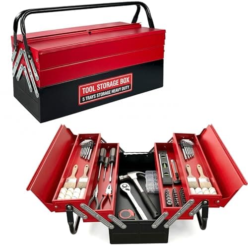 Image of Crystals 3 Tiers - 5 Trays Metal Tool Box, Cantilever Organiser Storage Box for Garage Home Tools, Toolbox - Red (47 x 32 x 20cm)