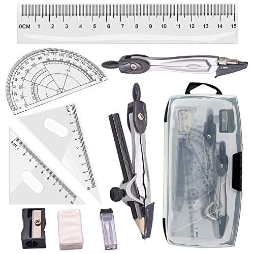 Image of Tuloka Drafting Geometry Compasses 10pcs School Maths Full Set Protractor Rulers for Students Maths and Home Schooling in Carry Case