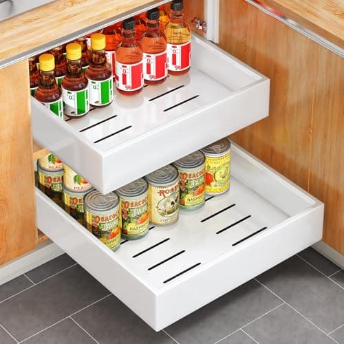 Image of SAYZH Pull Out Cabinet Organiser, Slide Out Drawer Storage Shelves for Kitchen Cupboard, Roll-Out Extendable Sliding Drawer, (43 CM Depth x 30 CM Width x 9CM Height)，No Need Drill and Nailing (White)