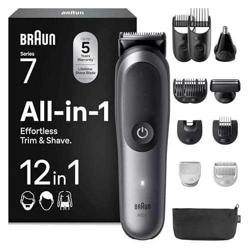 Image of Braun Series 7 All-in-One Grooming Kit for Men, AIO7545, Grey - 12-in-1 MultiGroom Beard Trimmer, Hair Clipper & Body Shaver, ProBlade, AutoSense, SkinGuard, Waterproof, 120 min Cordless Use