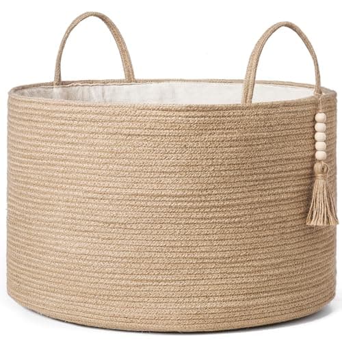Image of Mkono Woven Storage Basket Decorative Natural Rope Basket Wooden Bead Decoration for Blankets,Toys,Clothes,Shoes,Plant Organizer Bin with Handles Living Room Home Decor (Brown, 55 x 35cm)
