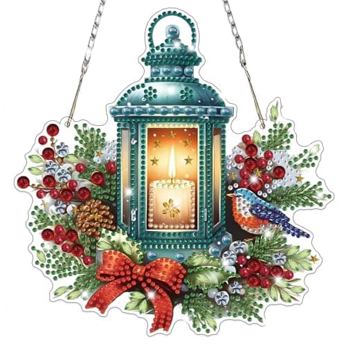Image of Lxmsja Christmas Wreath Diamond Art Hanging Ornaments for Adults Kids, Special Shaped Diamond Painting Candlelight Kits, Hanging Crystal Gem Art Pendent Kits Suncatchers for Windows Door Wall Decor