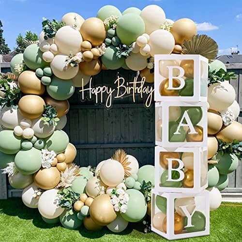 Image of QIFU Green and Gold Baby Shower Decorations, 4pcs Babyshower Balloon Boxes and 112pcs Sage Green Baby Shower Balloon Arch for Woodland Baby Shower Decoration Neutral Gender Reveal Boy Girl Christening