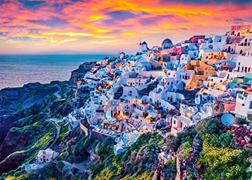 Image of Santorini Island Jigsaw Puzzles for Adults 1000 Piece Aegean Sea Jigsaw Puzzles for Adults Gifts