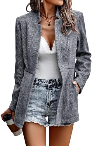 Image of Jhsnjnr Womens Casual Long Sleeve Blazer with Pockets Elegant Autumn Jacket Outerwear Stand Collar Open Front Coat Black