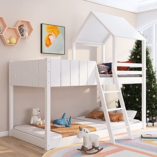 Image of Merax Wooden Bunk Beds for Kids, 3FT Loft Bed with Ladder and Guard Rail, Single Bed with Slatted Frame, Space-Saving Kids Bed Treehouse Canopy Design for Children, White, 90x190 cm (No Mattress)