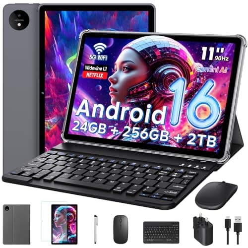 Image of Android 16 Tablet 11 Inch with Gemini AI, T7250 Octa-Core, 24GB RAM + 256GB ROM /2TB TF, 16MP+8MP, 1920x1200 IPS HD Display, 8000mAh, Widevine L1, GPS, 2 in 1 Tablets with Keyboard Mouse Stylus