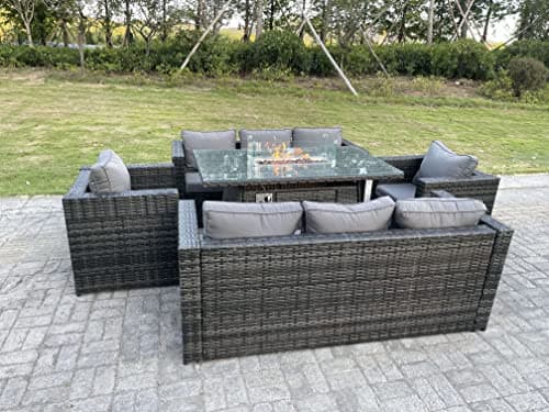 Image of FMSGarden Outdoor Rattan Garden Furniture Gas Fire Pit Table Sets Gas Heater Lounge Chairs Dark Grey 8 Seater