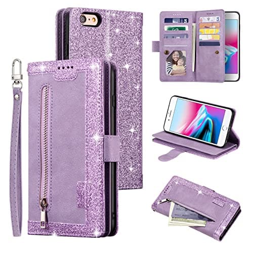 Image of UEEBAI Wallet Case for iPhone 6 Plus iPhone 6S Plus, Retro 9 Card Holder Slots Zipper Pocket Handbag Case PU Leather Magnetic Closure Kickstand Wrist Strap TPU Shockproof folio Case - Glitter Purple