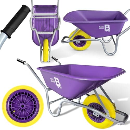 Image of Equimed Bertie 110L 250KG Heavy Duty Builders Wheelbarrow – Large Wheel Barrow Puncture Proof Solid Tyre Garden Cart & Outdoor Yard Trolley, Durable Purple Polypropylene Tub for Soil, Gravel & Mulch