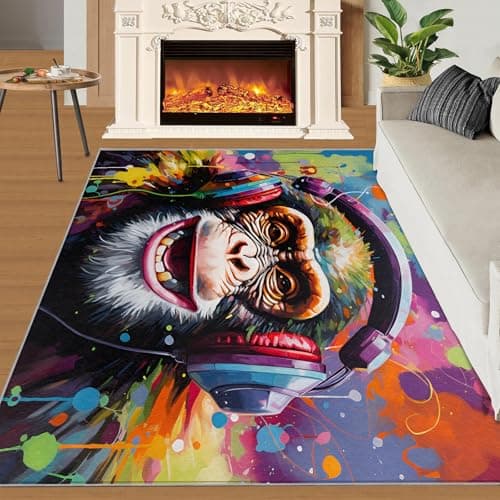 Image of SANSJI Colorful Gorilla Rug 60x90 Area Rugs, Graffiti Music Rugs for Entryway, Animals Vintage Kitchen Rugs Non Slip Washable, Watercolor Funny Easy Care Pile Carpet for Bathroom Entrance