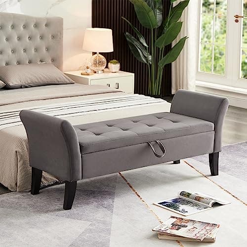 Image of Furniliving 51” Bedroom Bench, End of Bed Bench with Button-Tufted Large Upholstered Storage Bench Ottoman Velvet Window Bench with Storage Shoe Cabinet Bench, for Bedroom, Entryway, Closet, Grey