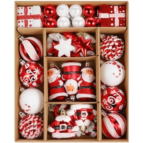 Image of Christmas Baubles, 55 ct Red White Assorted Xmas Elements Ornaments, Shatterproof Decorative Hanging Ball Ornaments for Holidays Party Wedding Christmas Tree Decoration