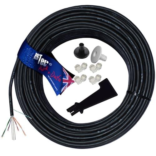 Image of 1STec 100m Roll of Genuine BT CW1420 Dropwire 15 Overhead 4 Pair 8 Solid Copper Cores for Outdoor Telephone Drop Wire Main Line British Cable + Crimps + 2 Entry Grommets + IDC Insertion Tool 100 Metre