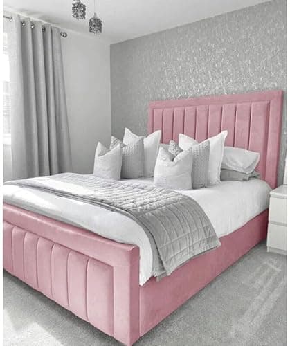 Image of home Interior Chesterfield Plush Velvet Border Panal Bed Frame - Mattress/Gas Lift Options - UK Made (Pink Plush, Small Double 4ft Bed Frame)