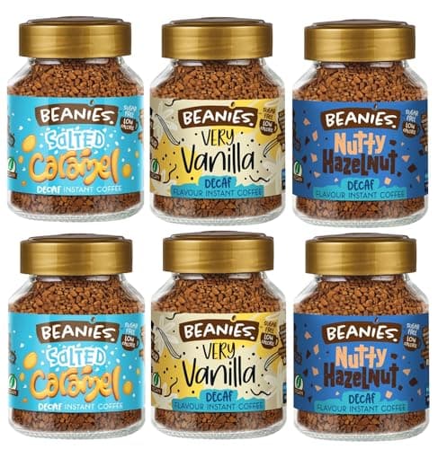 Image of Beanies Flavoured Instant Coffee Decaf Variety Pack - 6 x 50g jars - Salted Caramel, Nutty Hazelnut and Very Vanilla