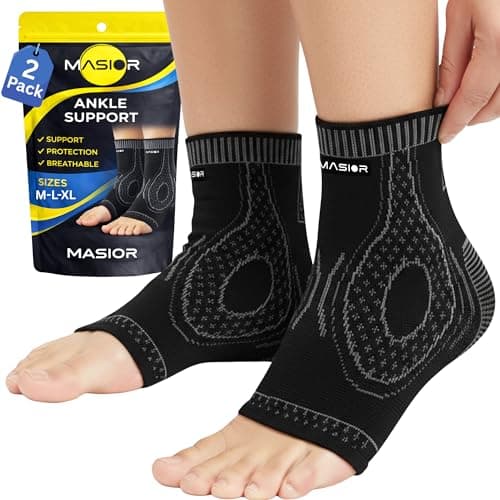 Image of MASIOR Ankle Support Brace 2 Pack for Men & Women Compression Ankle Sleeves Socks for Plantar Fasciitis, Sprained Ankle, Ligament Damage, Achilles Tendonitis & Sports, Foot Pain Relief Brace - M