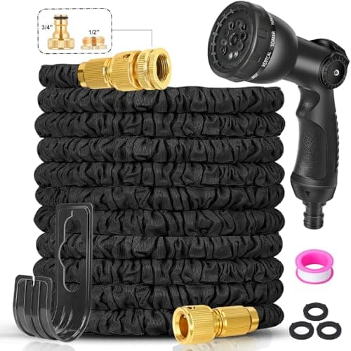 Image of Expandable Garden Hose Pipe 100ft - Water Hose with 10 Functions Gun and 3/4", 1/2" Brass Fittings, Kink-Free Flexible Garden Hose, 3 Layers of Latex in an Expanding Hose Design for Easy Use & Storage