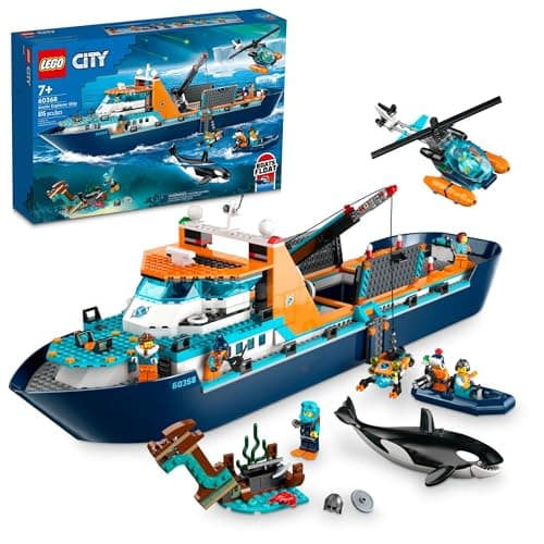 Image of LEGO City Arctic Explorer Ship 60368 Building Toy Set, Fun Toy Gift for 7 Year Old Boys and Girls, with a Floatable Boat, Helicopter, Dinghy, ROV Sub, Viking Shipwreck, 7 Minifigures and an Orca