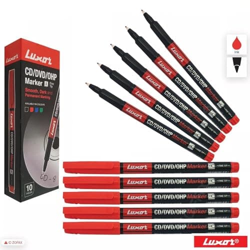 Image of Sign Print Lab Luxor Permanent Marker Pens (Fine Tip, Pack of 10) – CD/DVD/OHP Surface Markers, Waterproof Ink for Marking, Writing, Drawing, Black Ball Pen (Red)