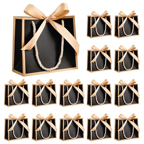 Image of Small Gift Bag, 15 Pcs Paper Gift Bags with Gold Bow Ribbon, Luxury Paper Bags with Handles for Wedding Party Christmas Valentines Bridesmaid - 14x6x12cm (Black)