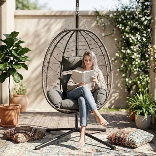 Image of BIRCHTREE Hanging Egg Chair with Thick Cushions and Stand Garden Swing Hammock Chair Indoor Outdoor Sturdy Frame PE Rattan Single for Patio Balcony Grey