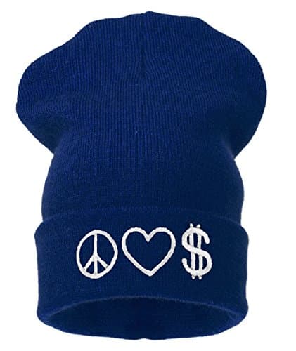 Image of 4sold Men's Women's Beanie Hat Winter Warm Black Bad Hair Day Fun (Peace Love Money (Navy Blue))